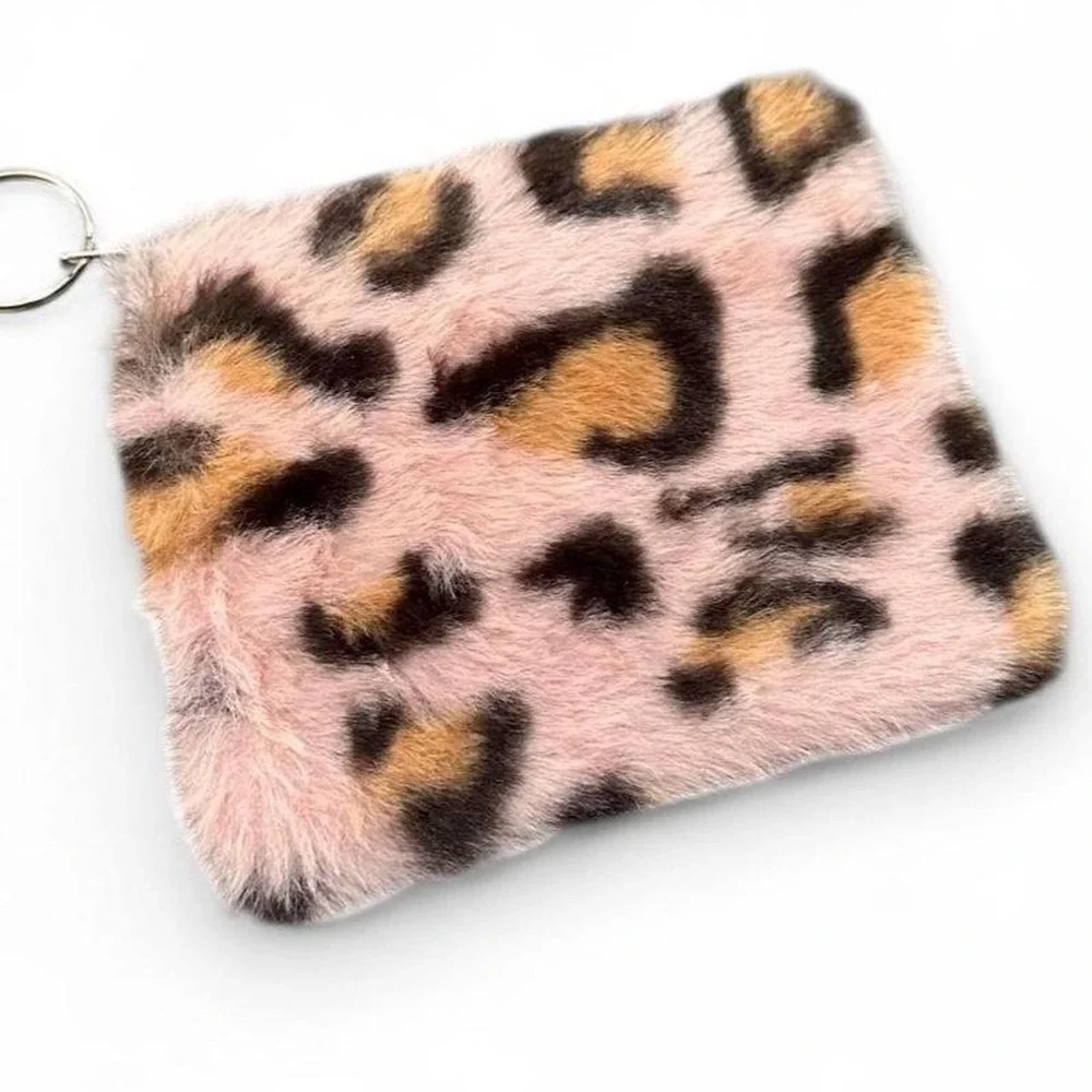 NWOT Fuzzy Animal Print Keychains with Pink Base & Silver Hardware